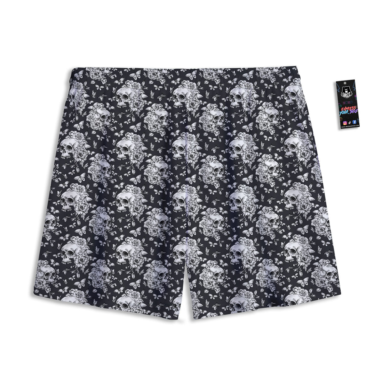 Flowers Skull Monochrome Print Pattern Mesh Shorts
