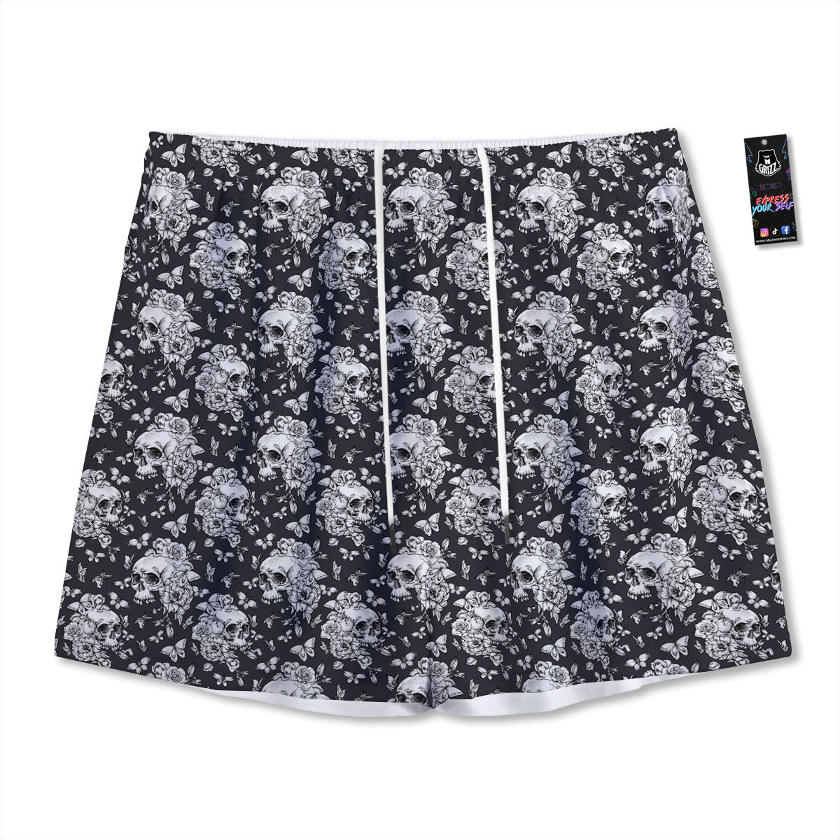 Flowers Skull Monochrome Print Pattern Mesh Shorts
