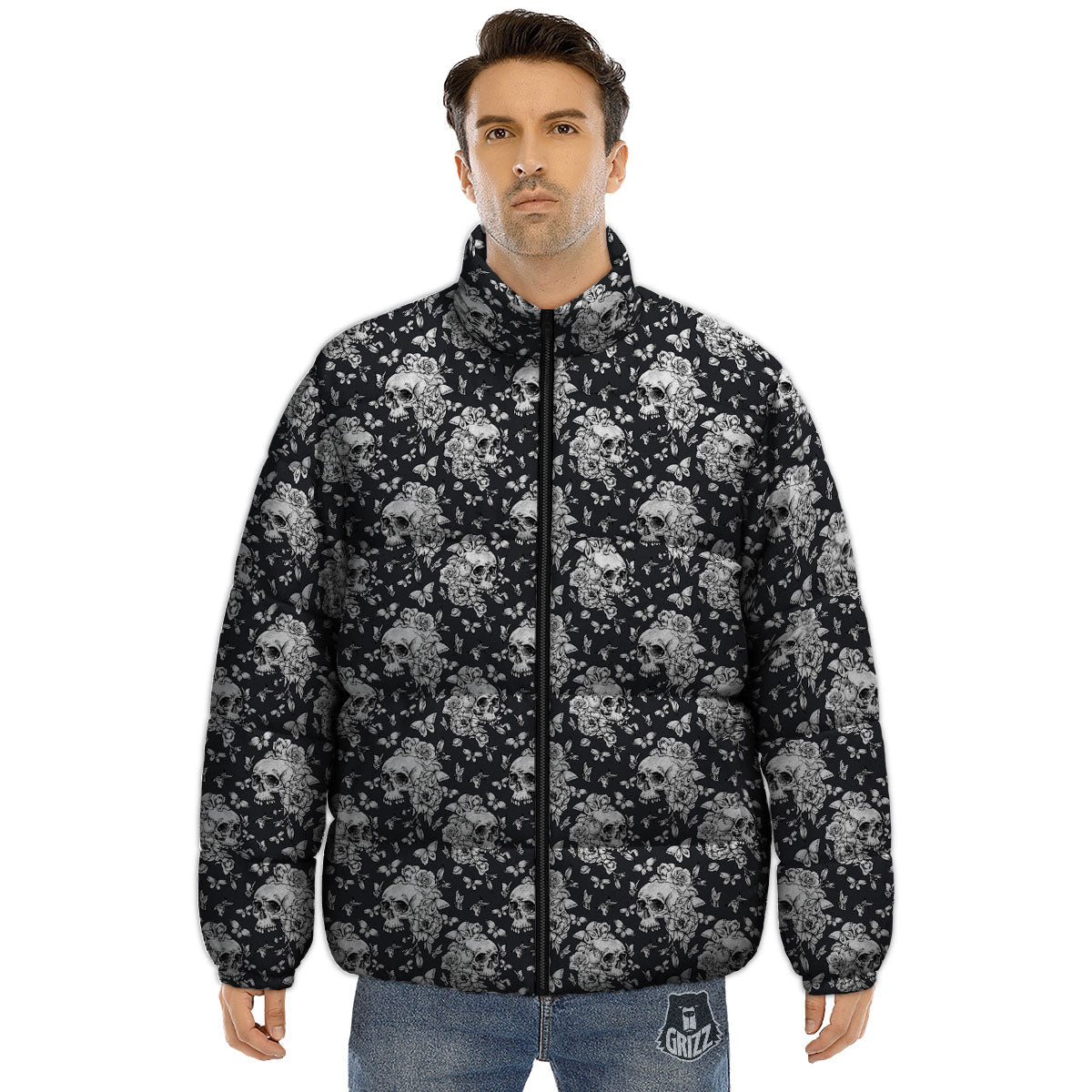 Flowers Skull Monochrome Print Pattern Puffer Jacket-grizzshop