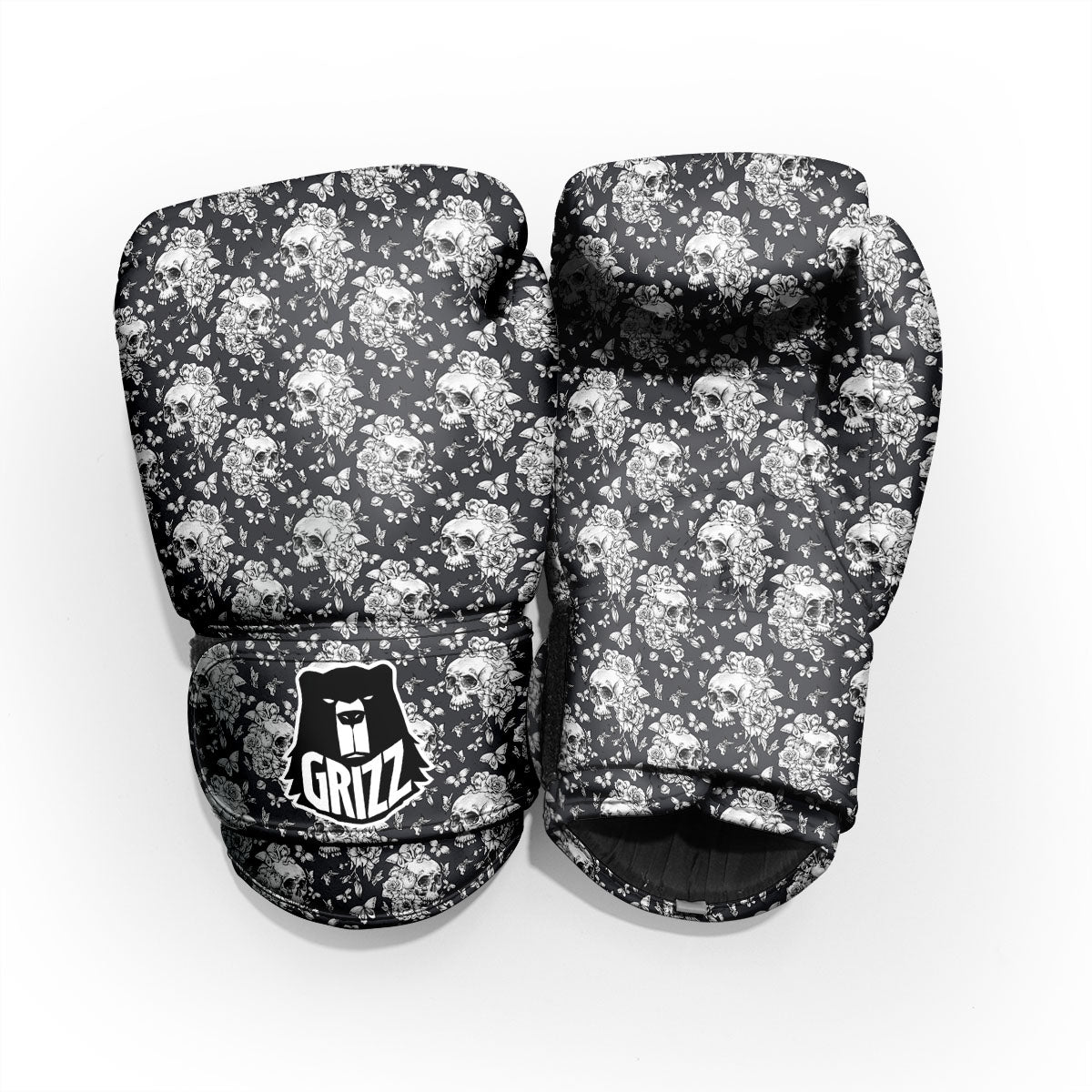 Flowers Skull Monochrome Print Pattern Sparring Gloves-grizzshop