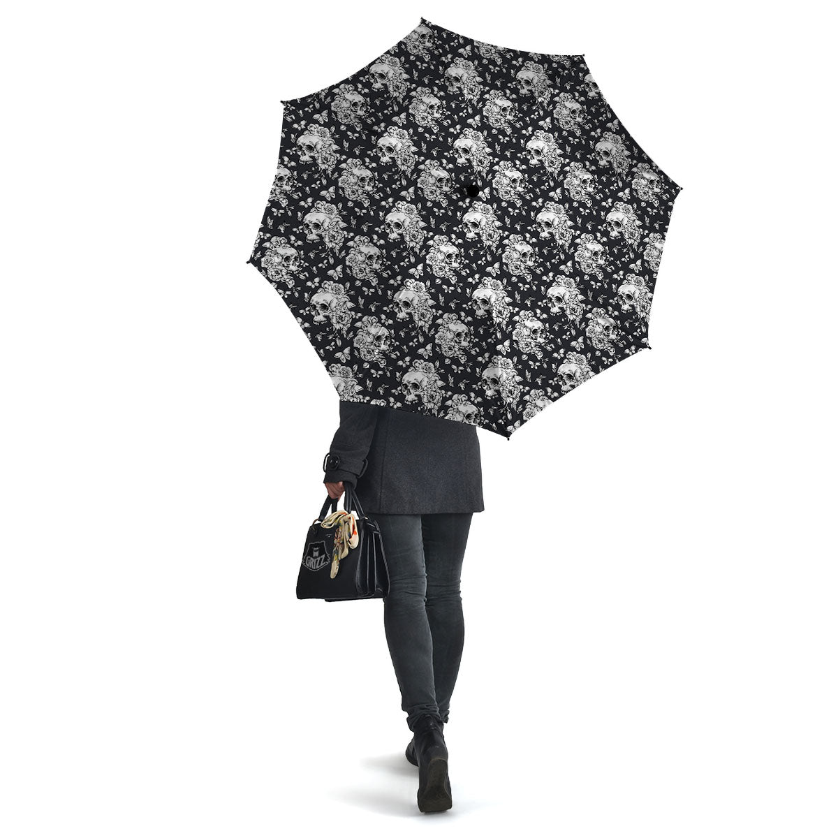 Flowers Skull Monochrome Print Pattern Umbrella-grizzshop