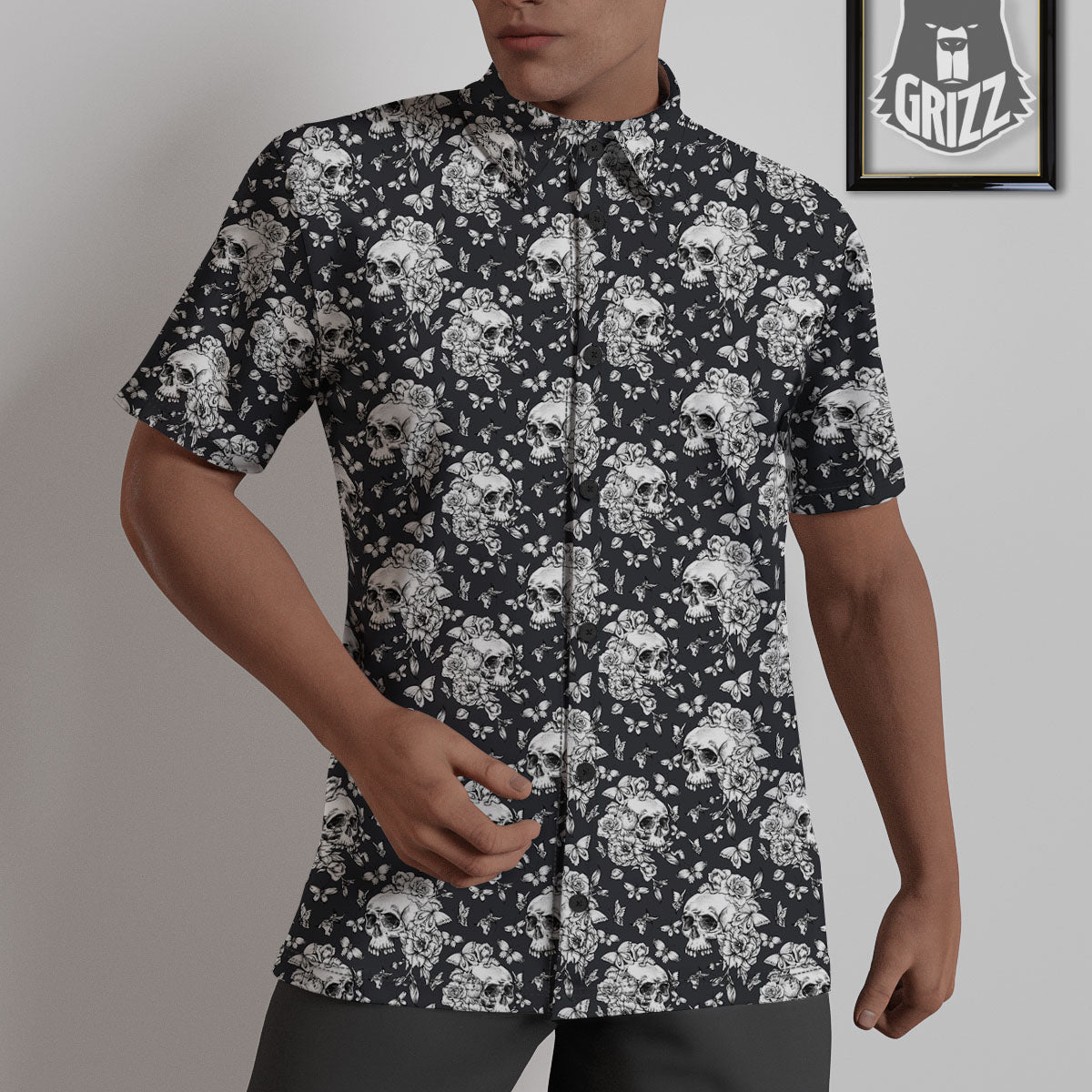 Flowers Skull Monochrome Print Pattern Untucked Shirts-grizzshop