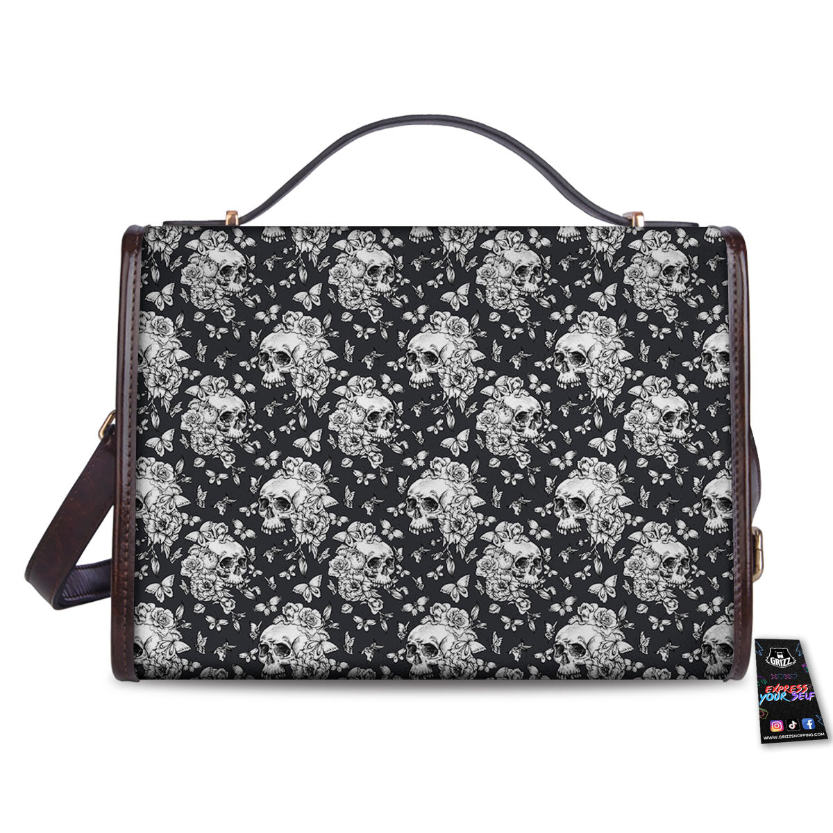 Flowers Skull Monochrome Print Pattern Women's Satchel Bag-grizzshop