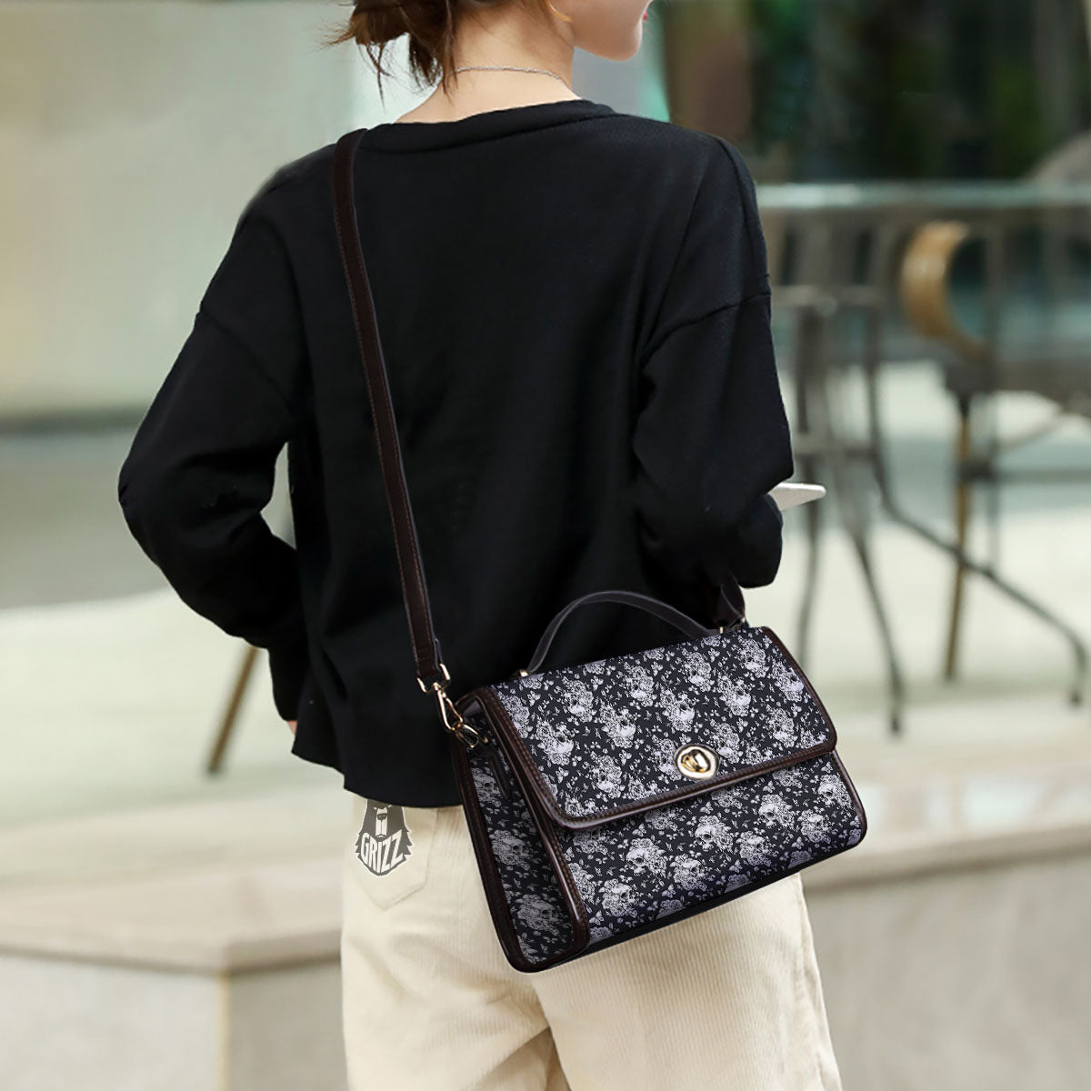 Flowers Skull Monochrome Print Pattern Women's Satchel Bag-grizzshop