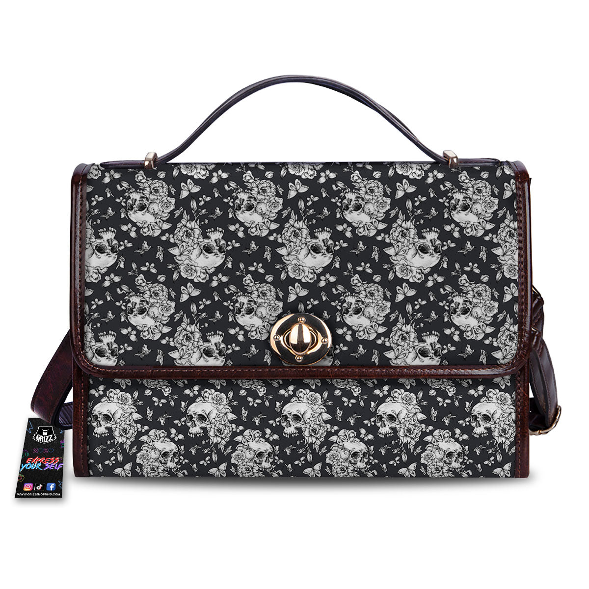 Flowers Skull Monochrome Print Pattern Women's Satchel Bag-grizzshop