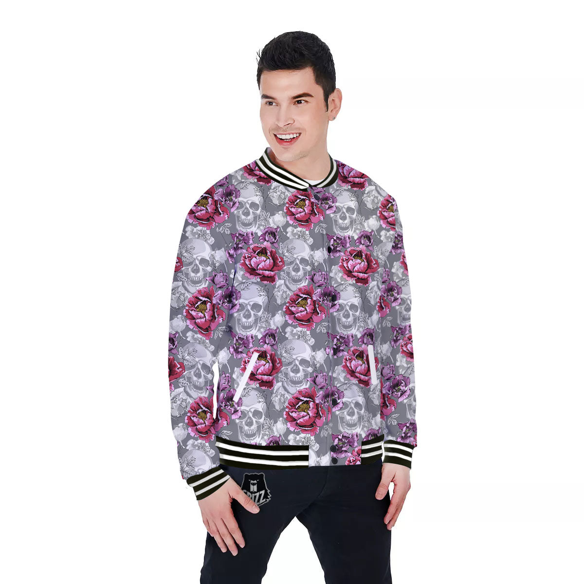 Flowers Skull Pink Print Pattern Baseball Jacket-grizzshop