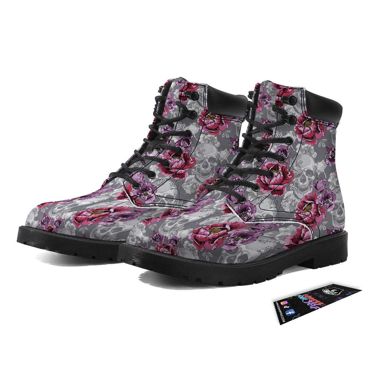 Flowers Skull Pink Print Pattern Boots-grizzshop