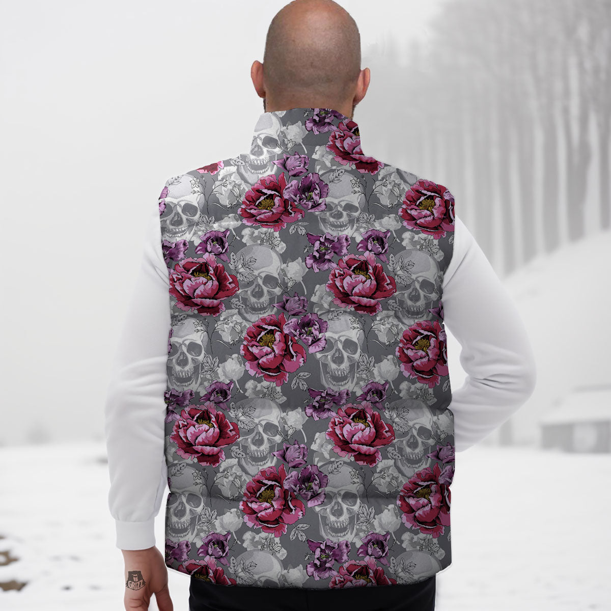 Flowers Skull Pink Print Pattern Down Vest-grizzshop