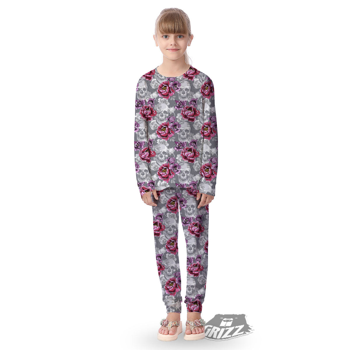Flowers Skull Pink Print Pattern Kid's Pajamas-grizzshop