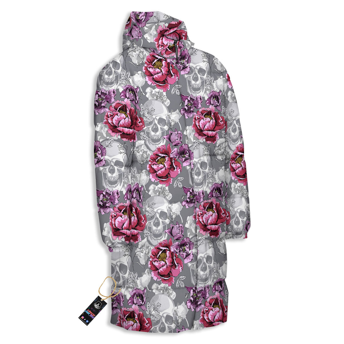 Flowers Skull Pink Print Pattern Long Down Jacket-grizzshop