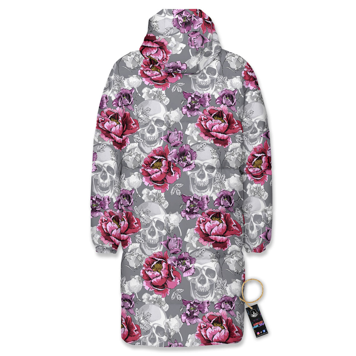 Flowers Skull Pink Print Pattern Long Down Jacket-grizzshop