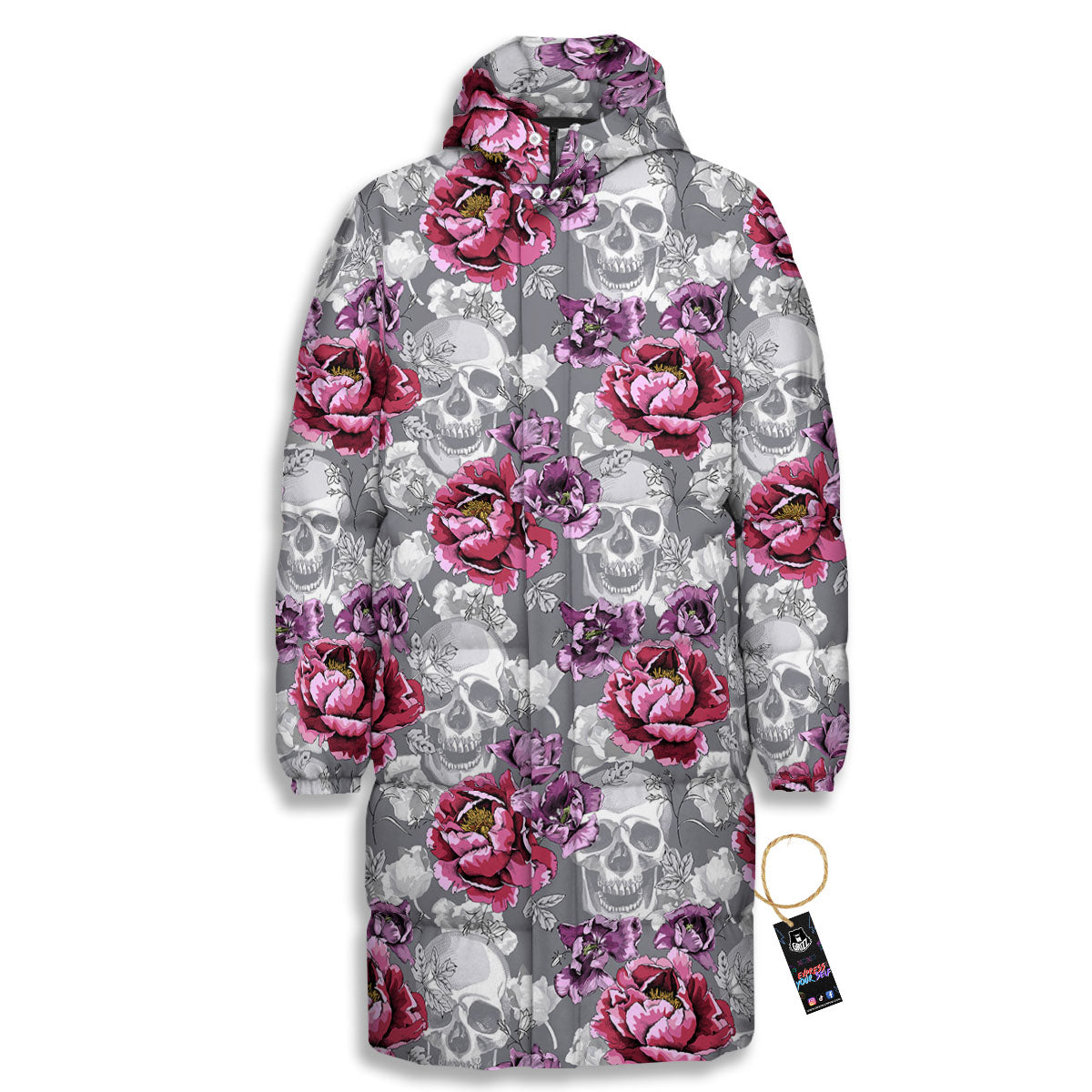 Flowers Skull Pink Print Pattern Long Down Jacket-grizzshop
