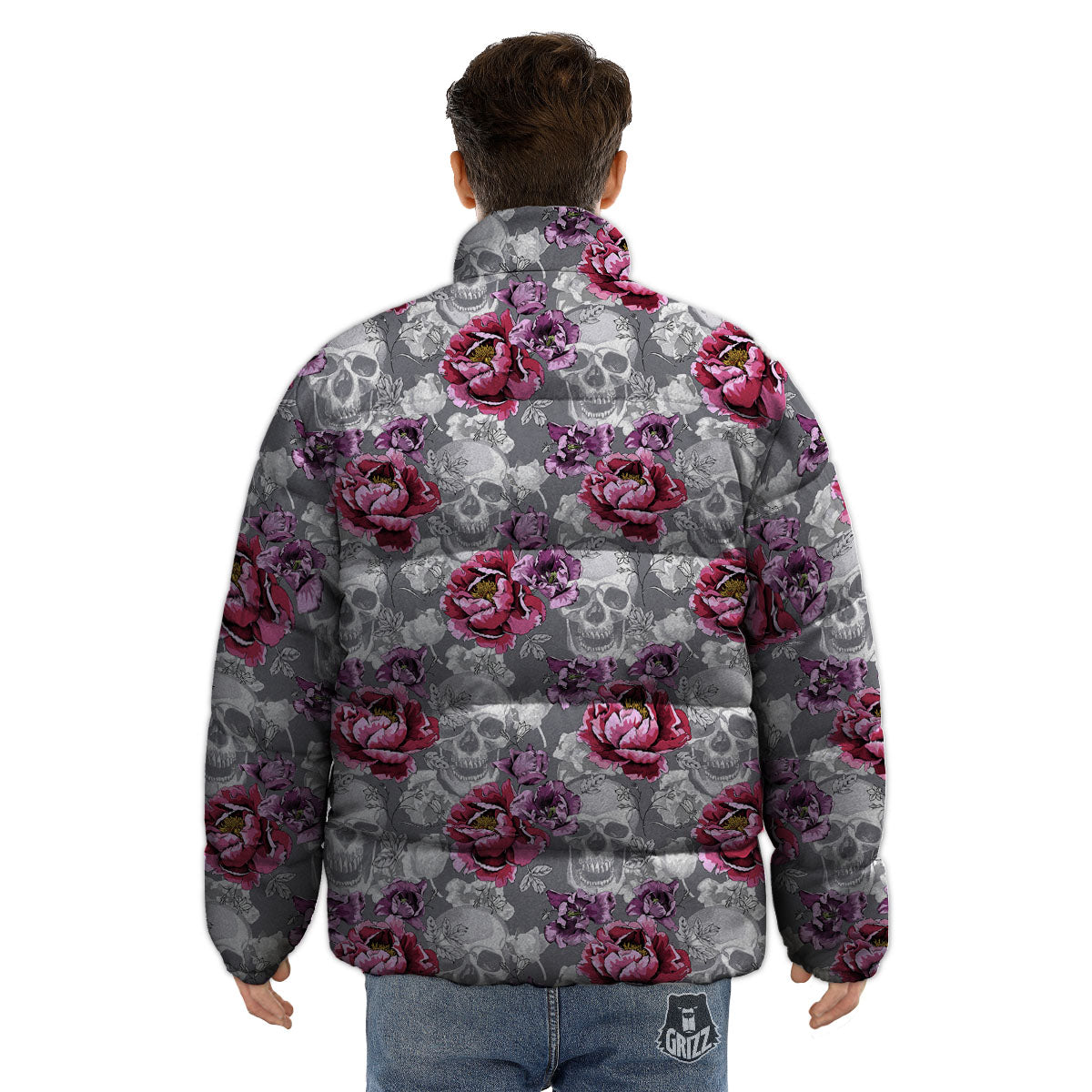 Flowers Skull Pink Print Pattern Puffer Jacket-grizzshop