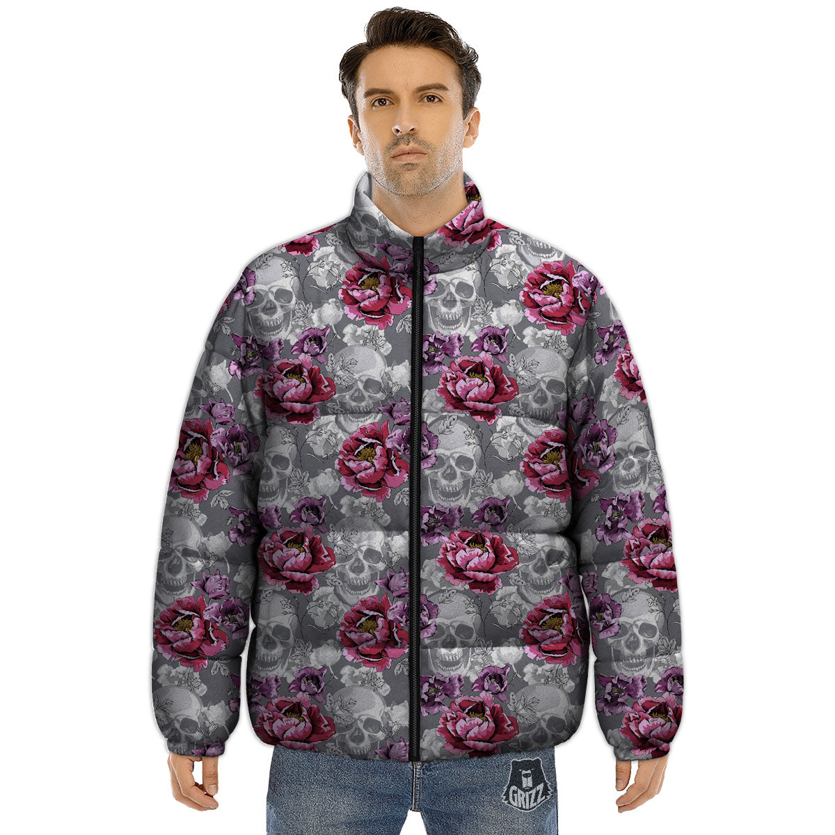 Flowers Skull Pink Print Pattern Puffer Jacket-grizzshop