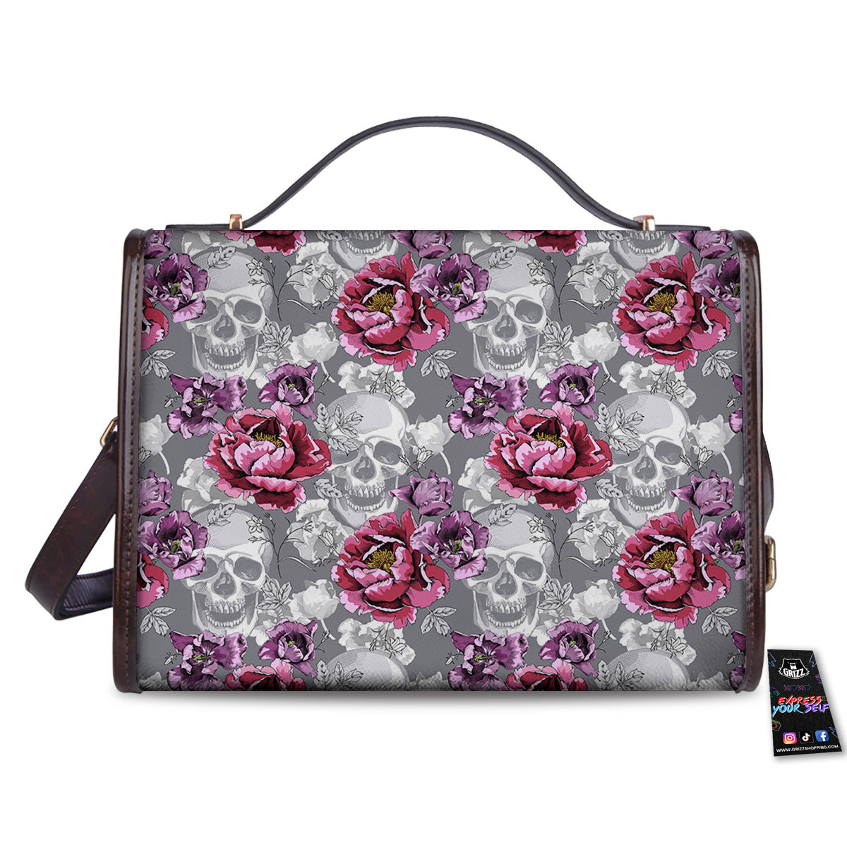 Flowers Skull Pink Print Pattern Women's Satchel Bag-grizzshop