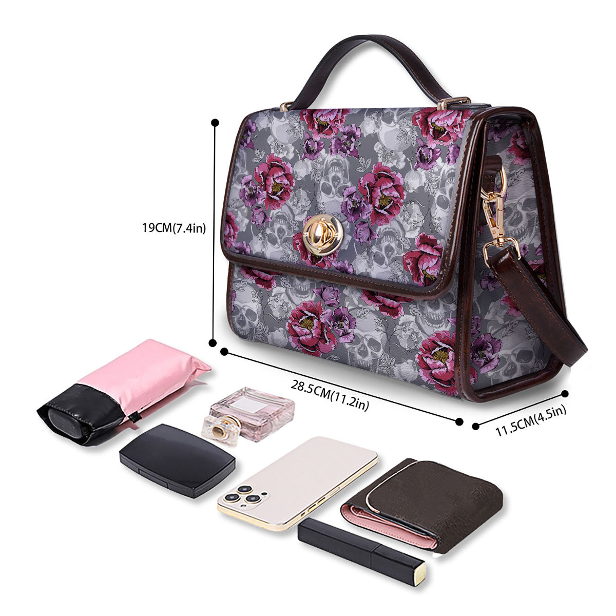 Flowers Skull Pink Print Pattern Women's Satchel Bag-grizzshop