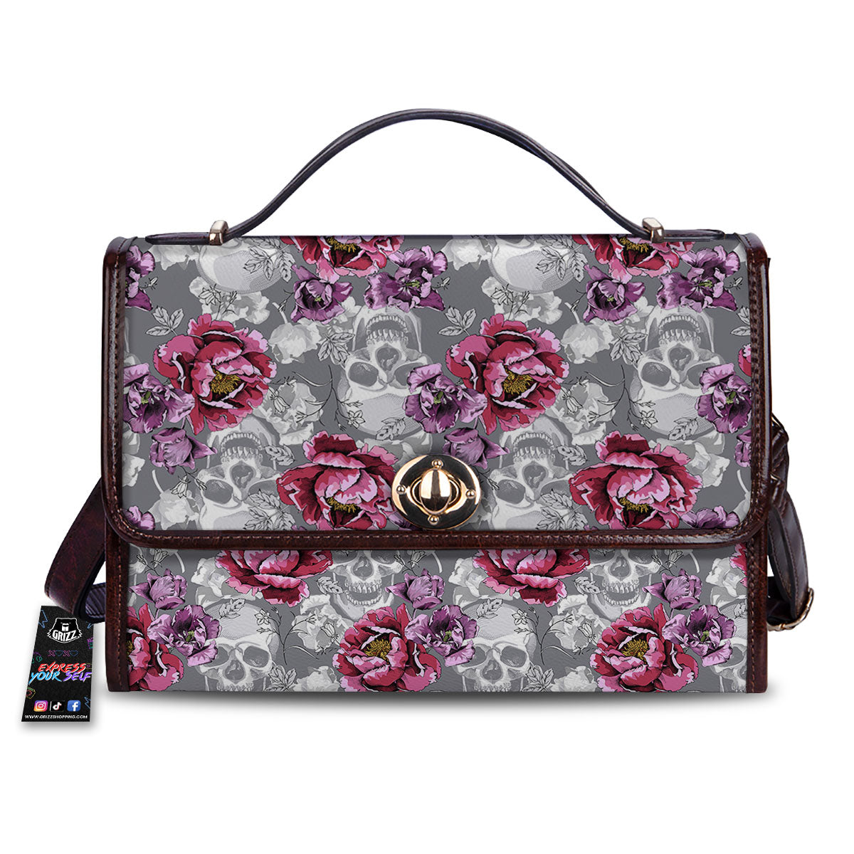 Flowers Skull Pink Print Pattern Women's Satchel Bag-grizzshop