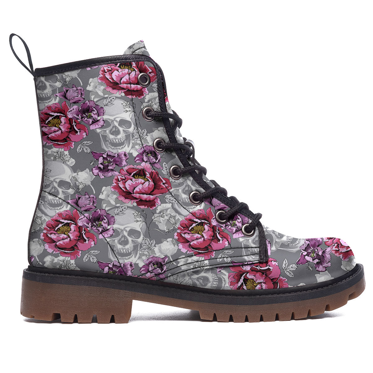 Flowers Skull Pink Print Pattern Work Boots-grizzshop