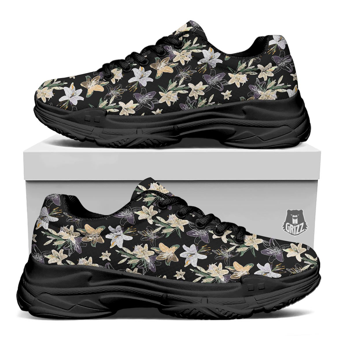 Flowers Spring Lily Print Pattern Black Chunky Shoes-grizzshop