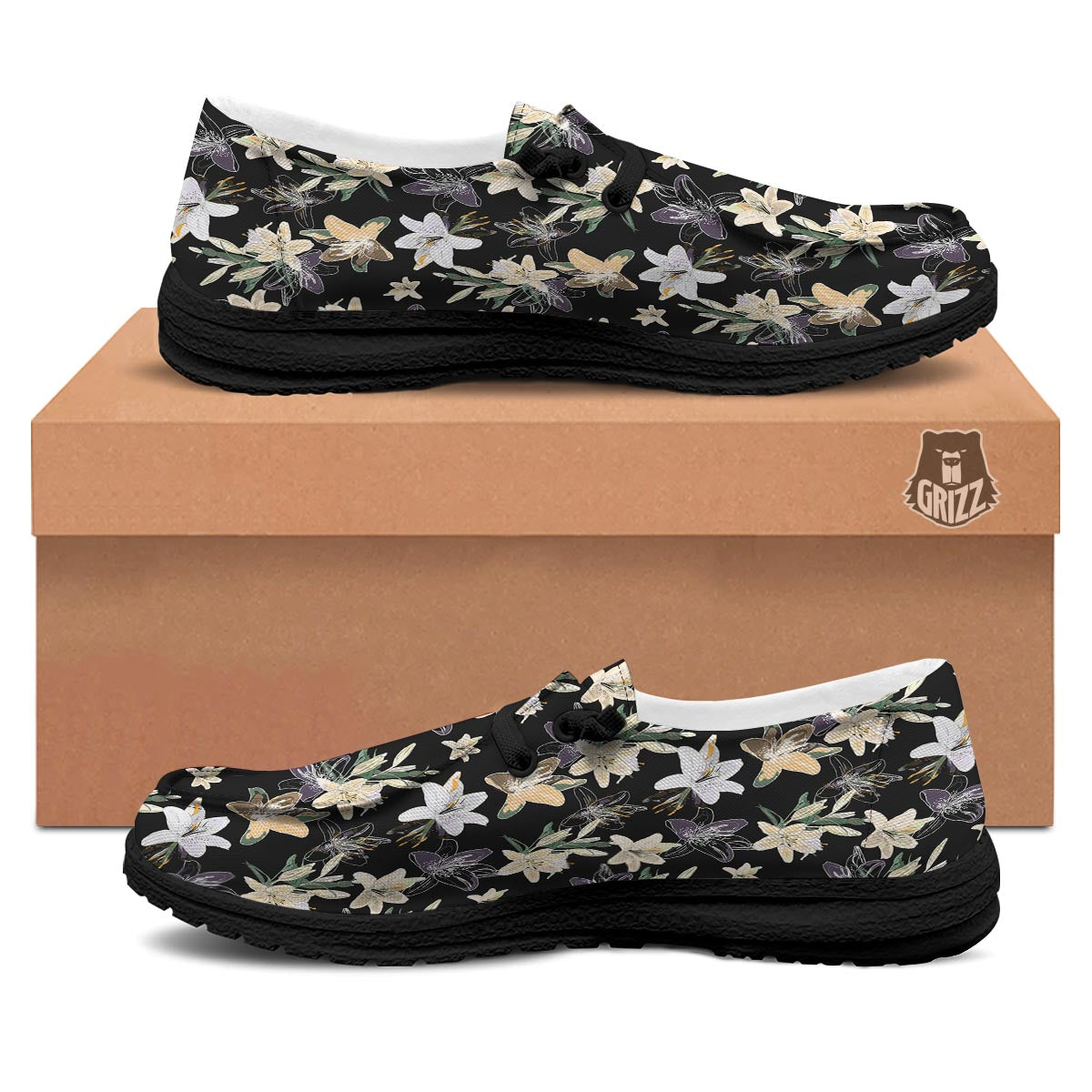 Flowers Spring Lily Print Pattern Black Loafers-grizzshop