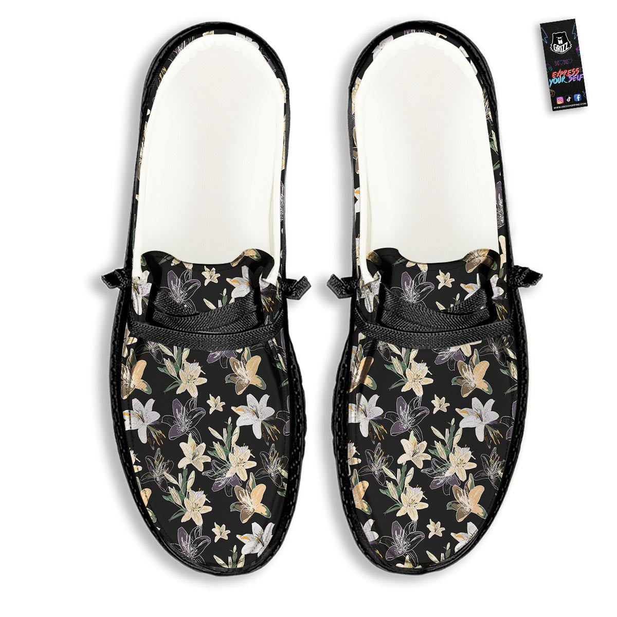Flowers Spring Lily Print Pattern Black Loafers-grizzshop