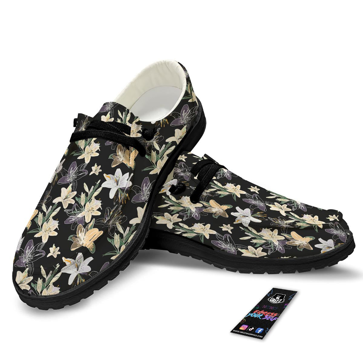 Flowers Spring Lily Print Pattern Black Loafers-grizzshop