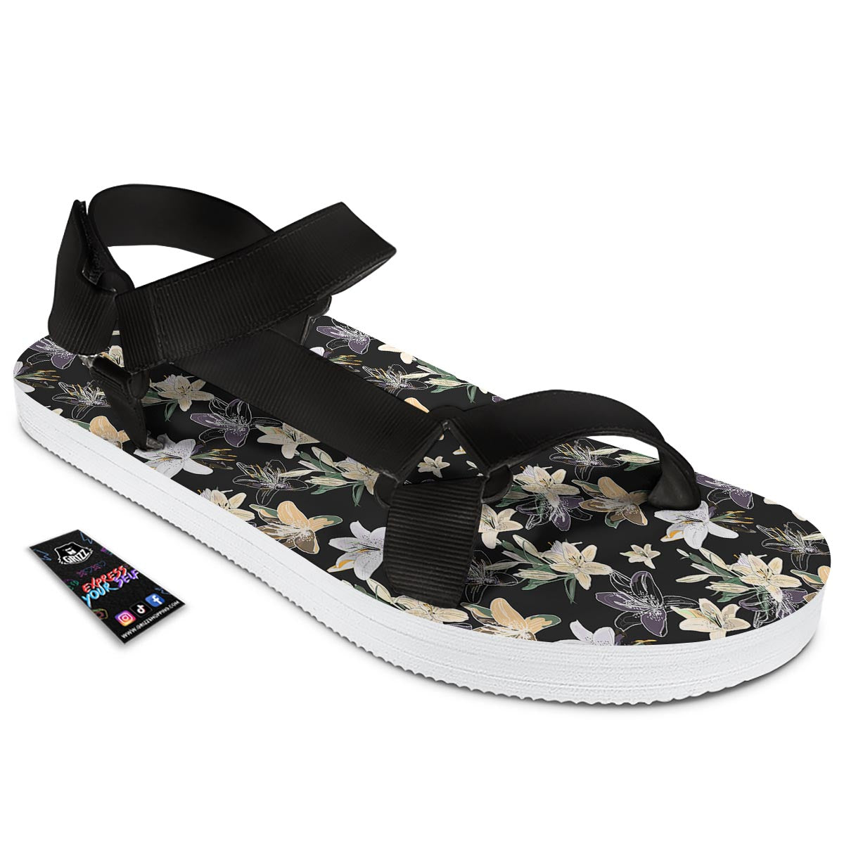 Flowers Spring Lily Print Pattern Black Open Toe Sandals-grizzshop
