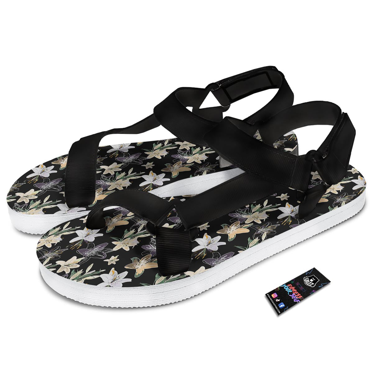 Flowers Spring Lily Print Pattern Black Open Toe Sandals-grizzshop