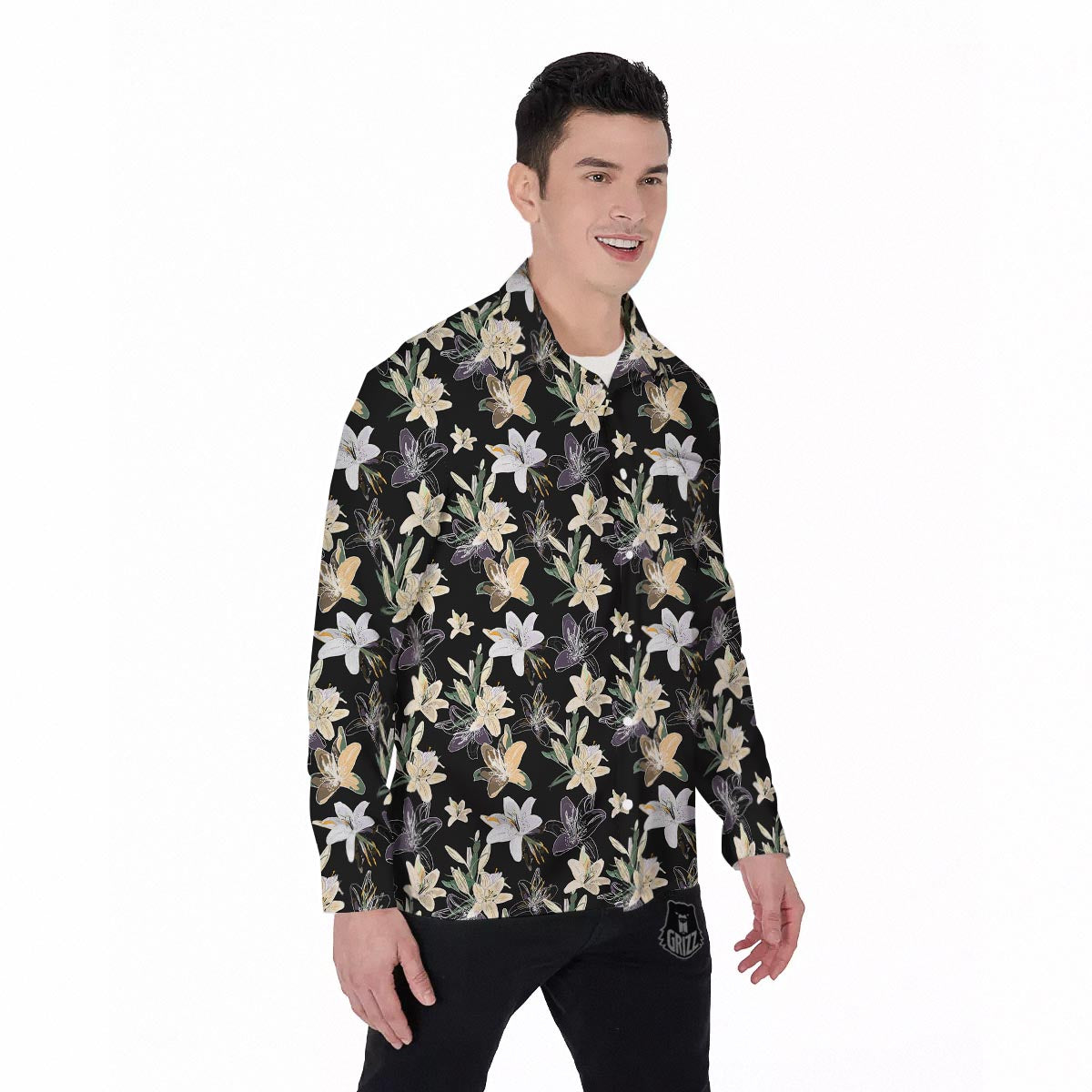 Flowers Spring Lily Print Pattern Men's Long Sleeve Shirts-grizzshop