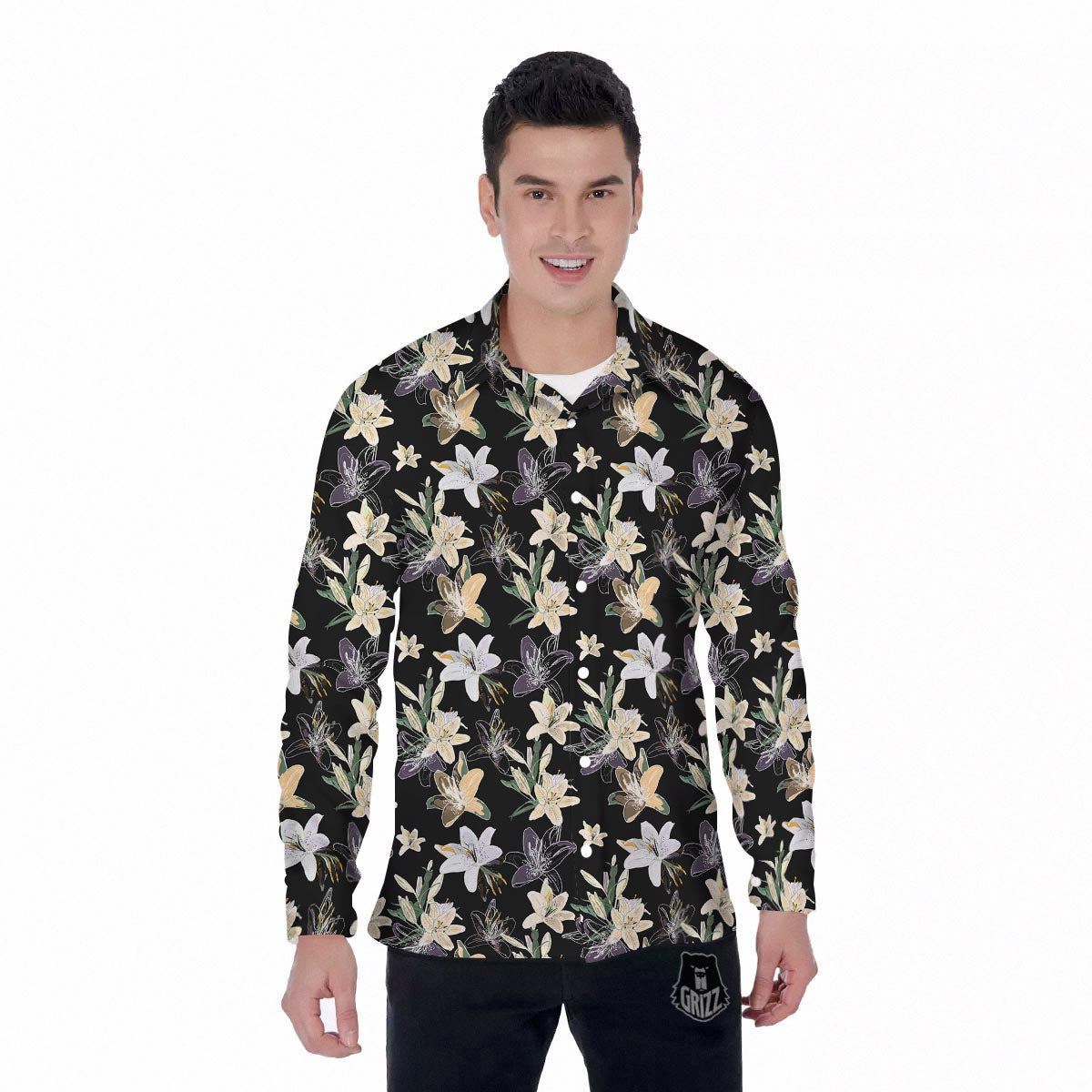 Flowers Spring Lily Print Pattern Men's Long Sleeve Shirts-grizzshop