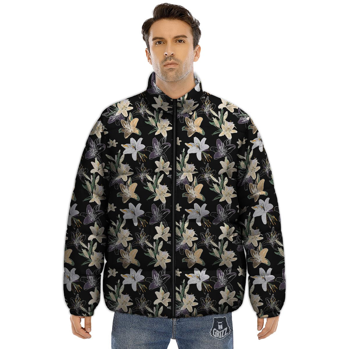 Flowers Spring Lily Print Pattern Puffer Jacket-grizzshop