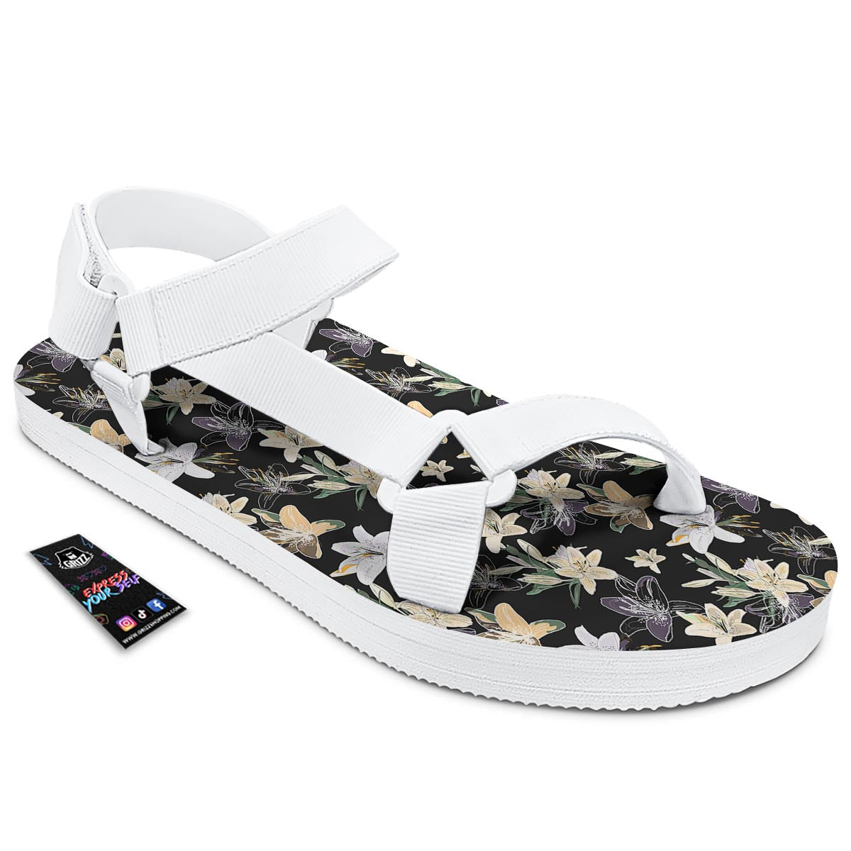 Flowers Spring Lily Print Pattern White Open Toe Sandals-grizzshop