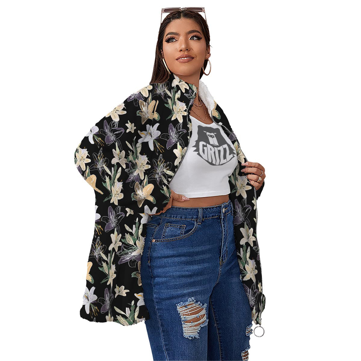 Flowers Spring Lily Print Pattern Women's Sherpa Jacket-grizzshop