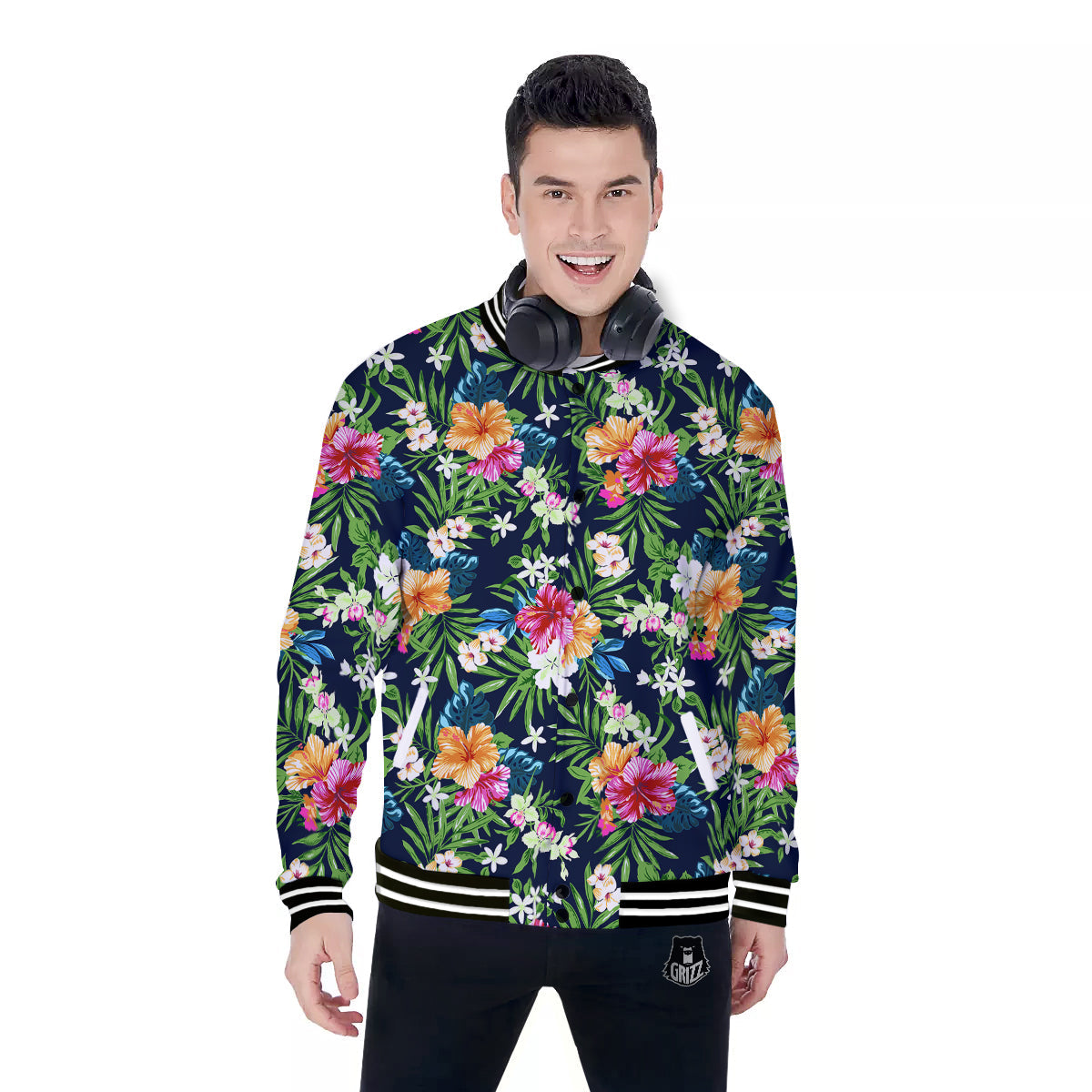 Flowers Tropical Print Pattern Baseball Jacket-grizzshop
