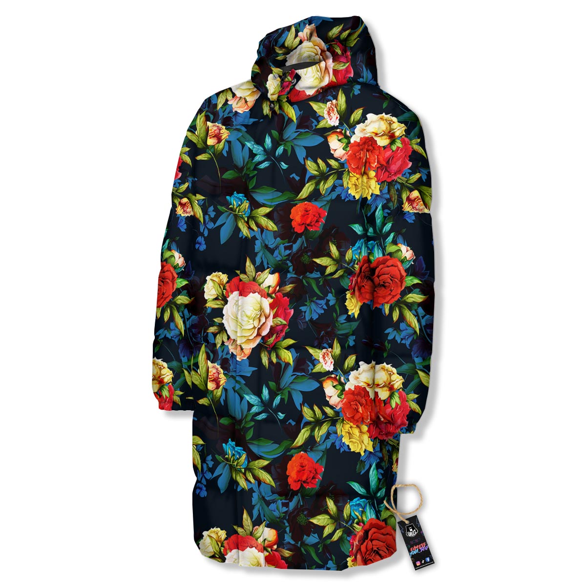 Flowers Yellow And Red Print Pattern Long Down Jacket-grizzshop
