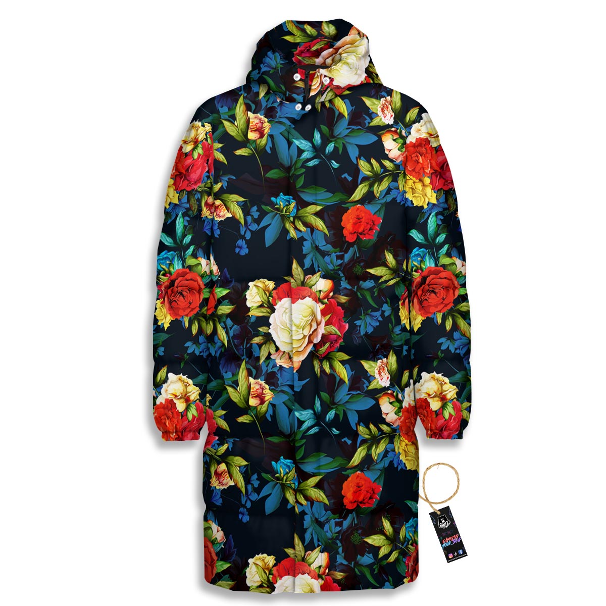 Flowers Yellow And Red Print Pattern Long Down Jacket-grizzshop