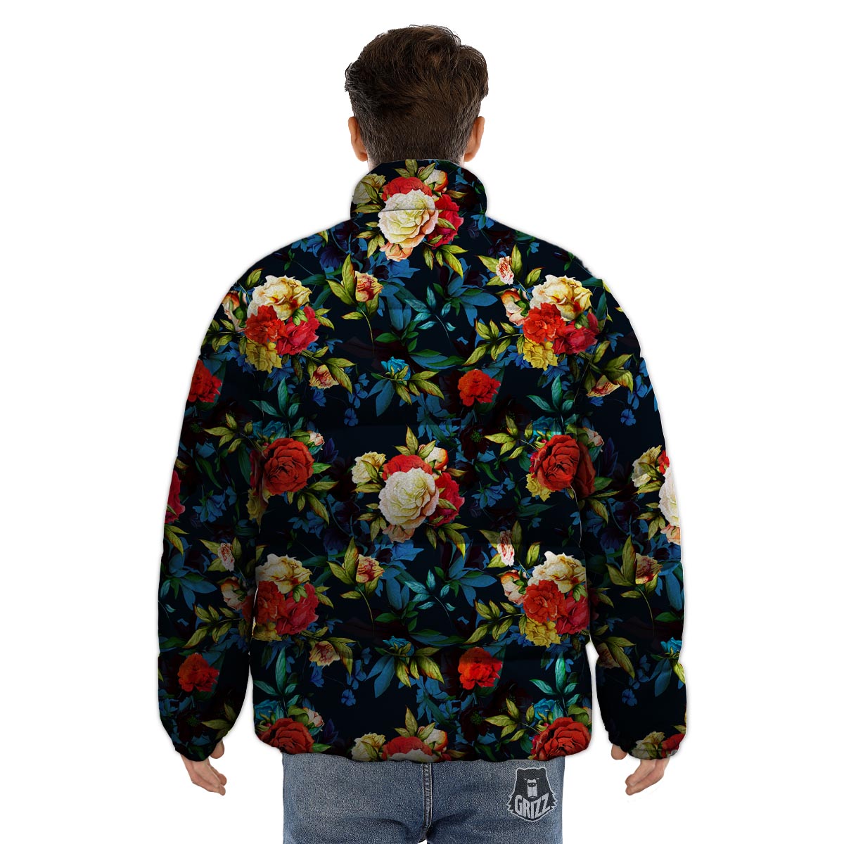 Flowers Yellow And Red Print Pattern Puffer Jacket-grizzshop