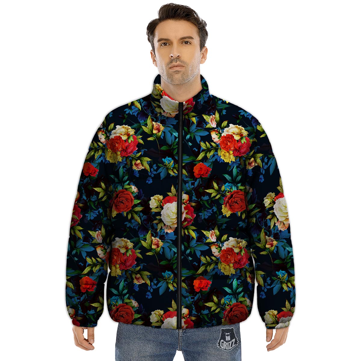 Flowers Yellow And Red Print Pattern Puffer Jacket-grizzshop