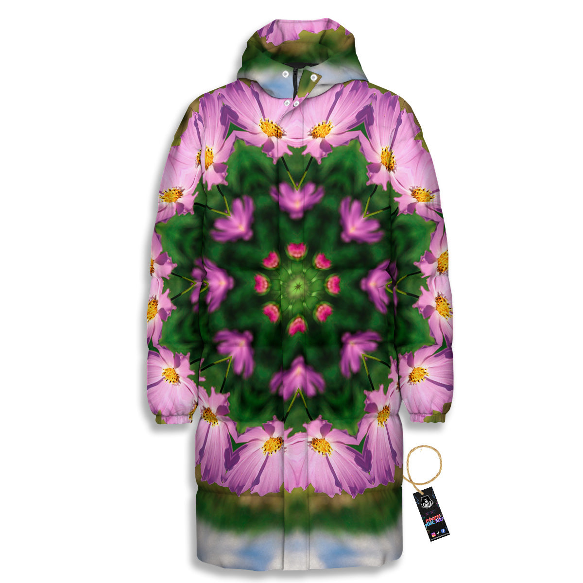 Flowers Kaleidoscope Pink And Blue Print Long Down Jacket