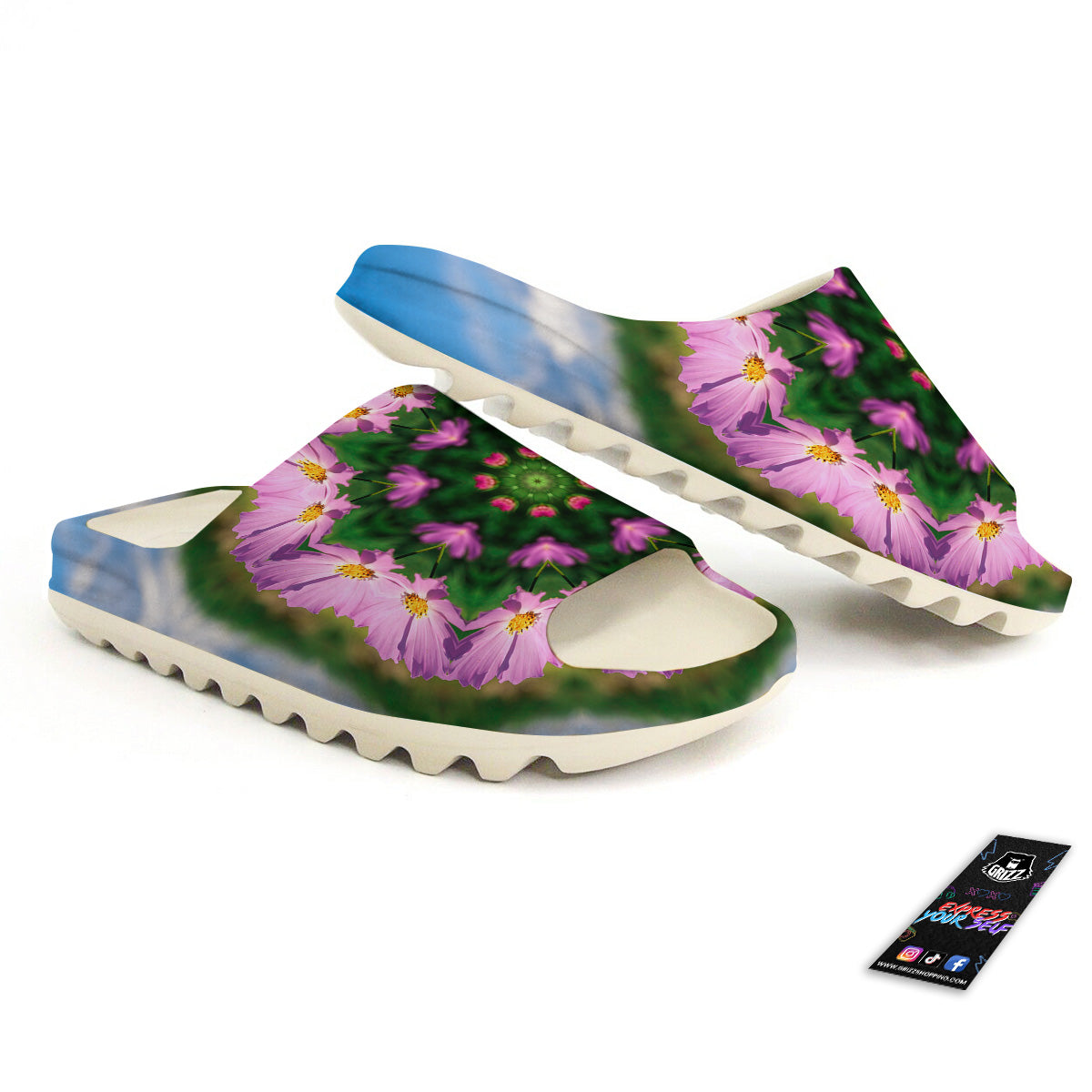 Flowers Kaleidoscope Pink And Blue Print Sandals-grizzshop