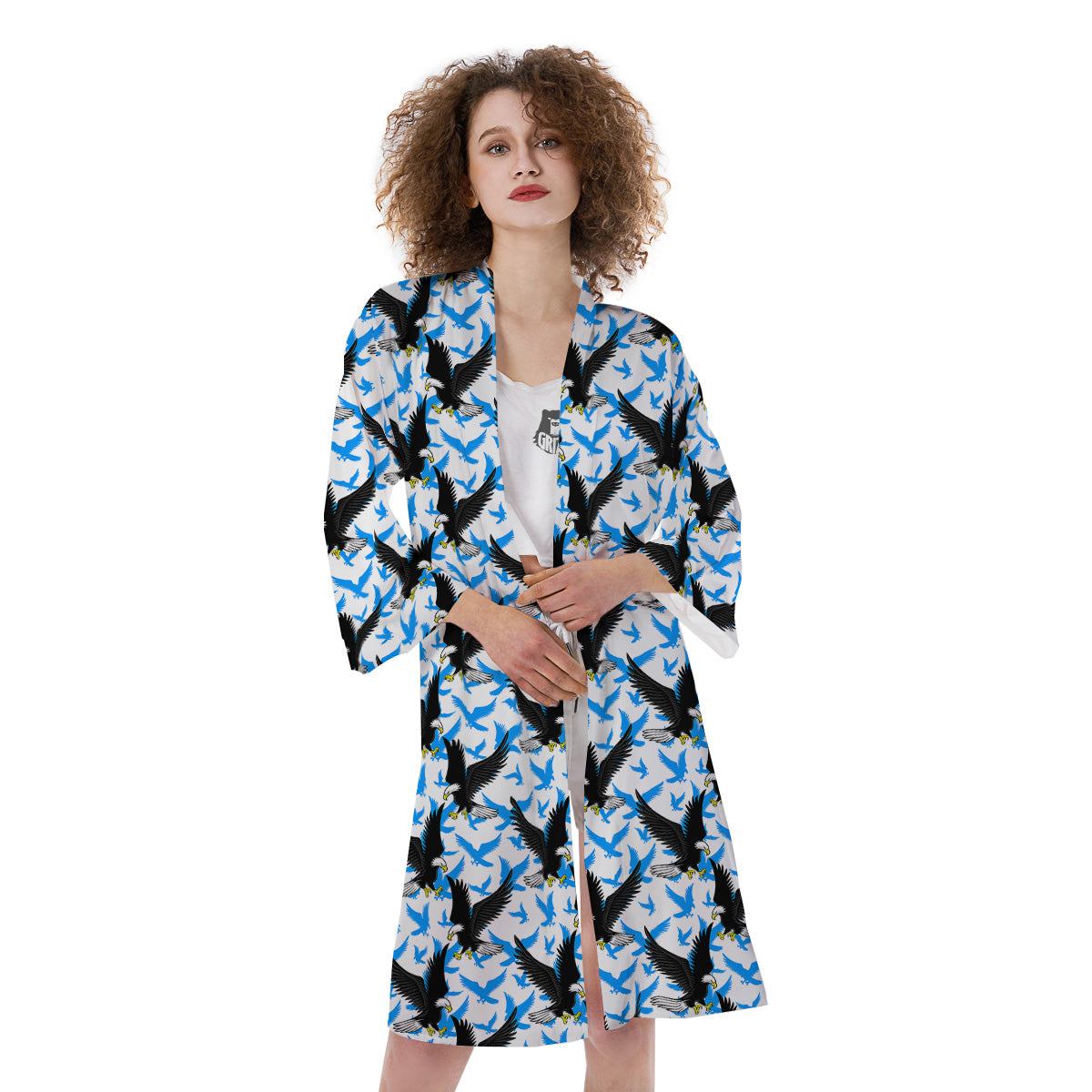 Flying Bald Eagles Blue White Print Pattern Kimono-grizzshop