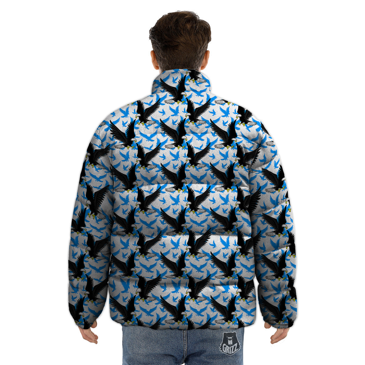 Flying Bald Eagles Blue White Print Pattern Puffer Jacket-grizzshop