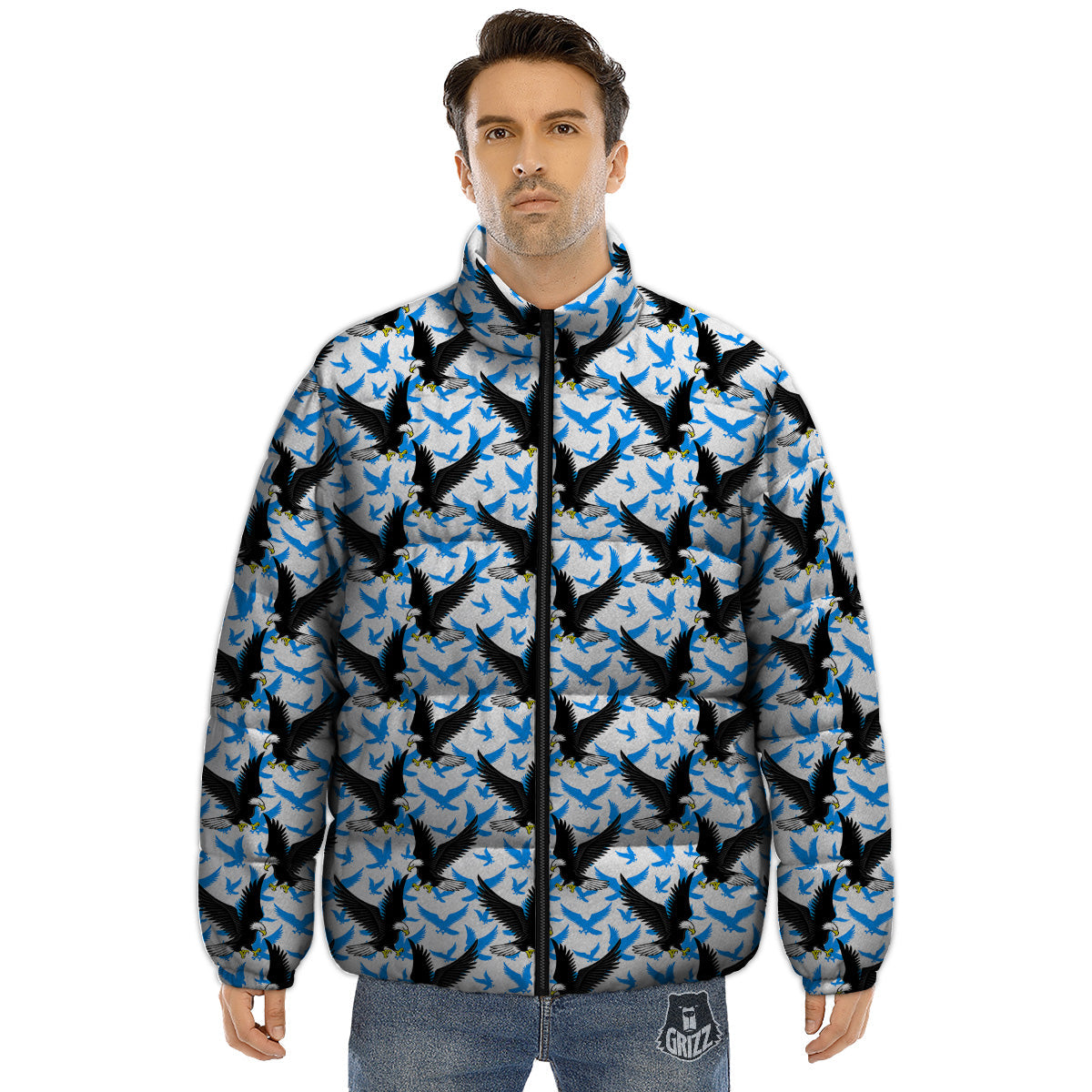 Flying Bald Eagles Blue White Print Pattern Puffer Jacket-grizzshop