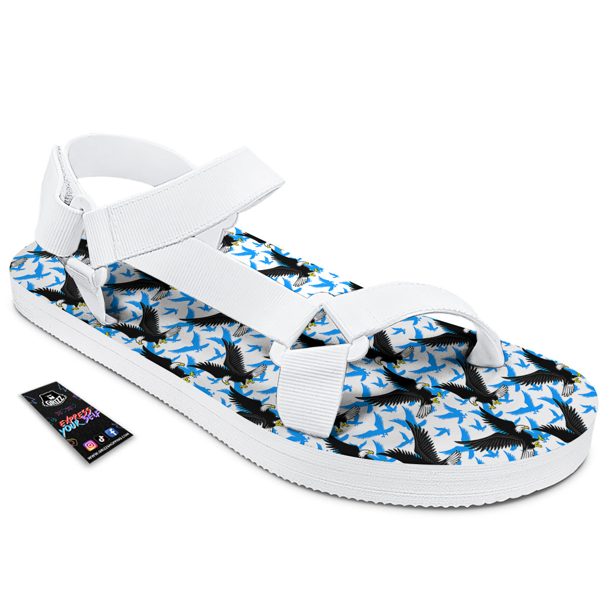 Flying Bald Eagles Blue White Print Pattern White Open Toe Sandals-grizzshop