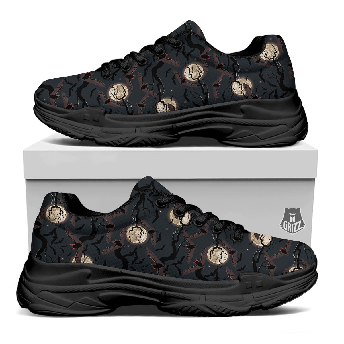 Flying Bat In The Moonlight Print Pattern Black Chunky Shoes-grizzshop