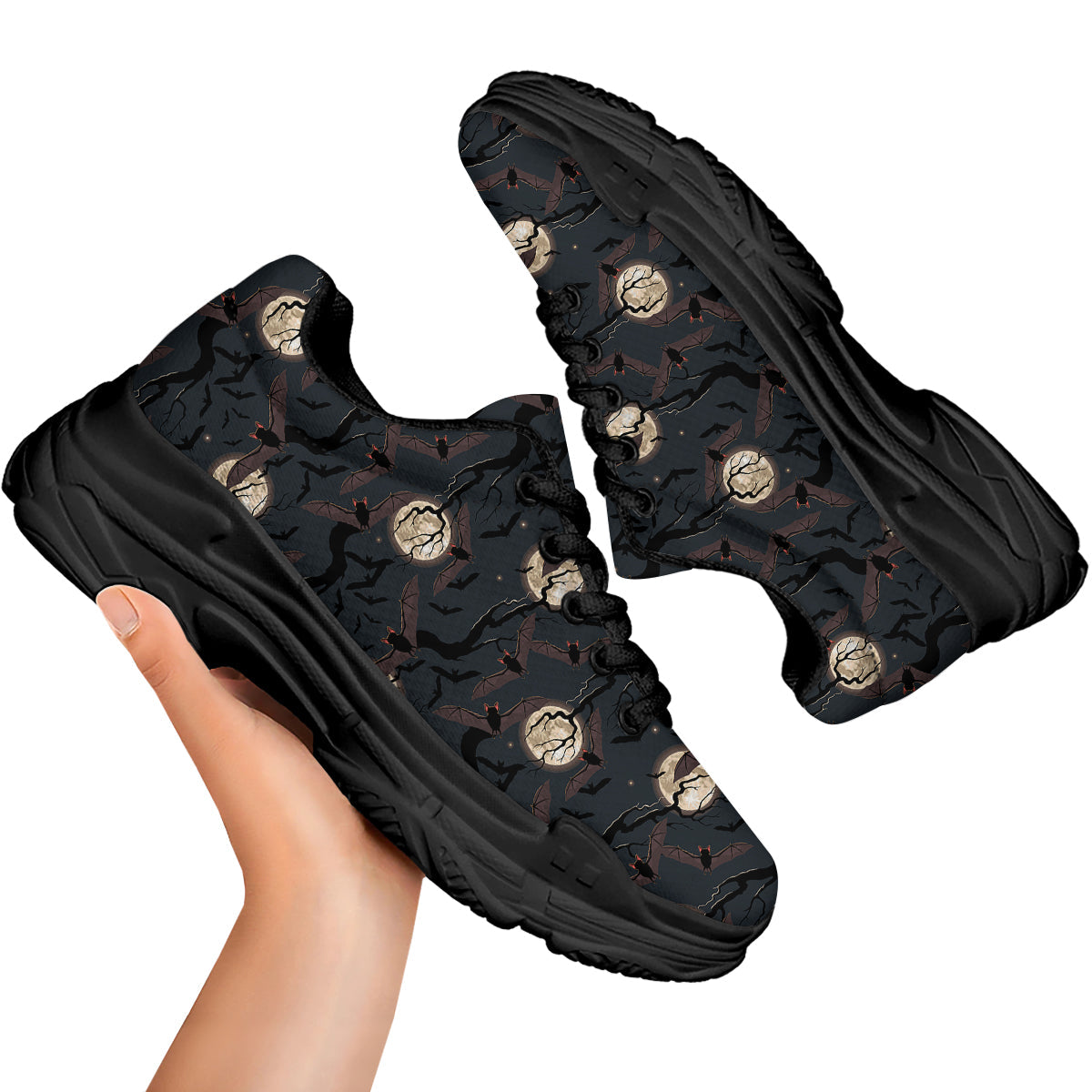 Flying Bat In The Moonlight Print Pattern Black Chunky Shoes-grizzshop