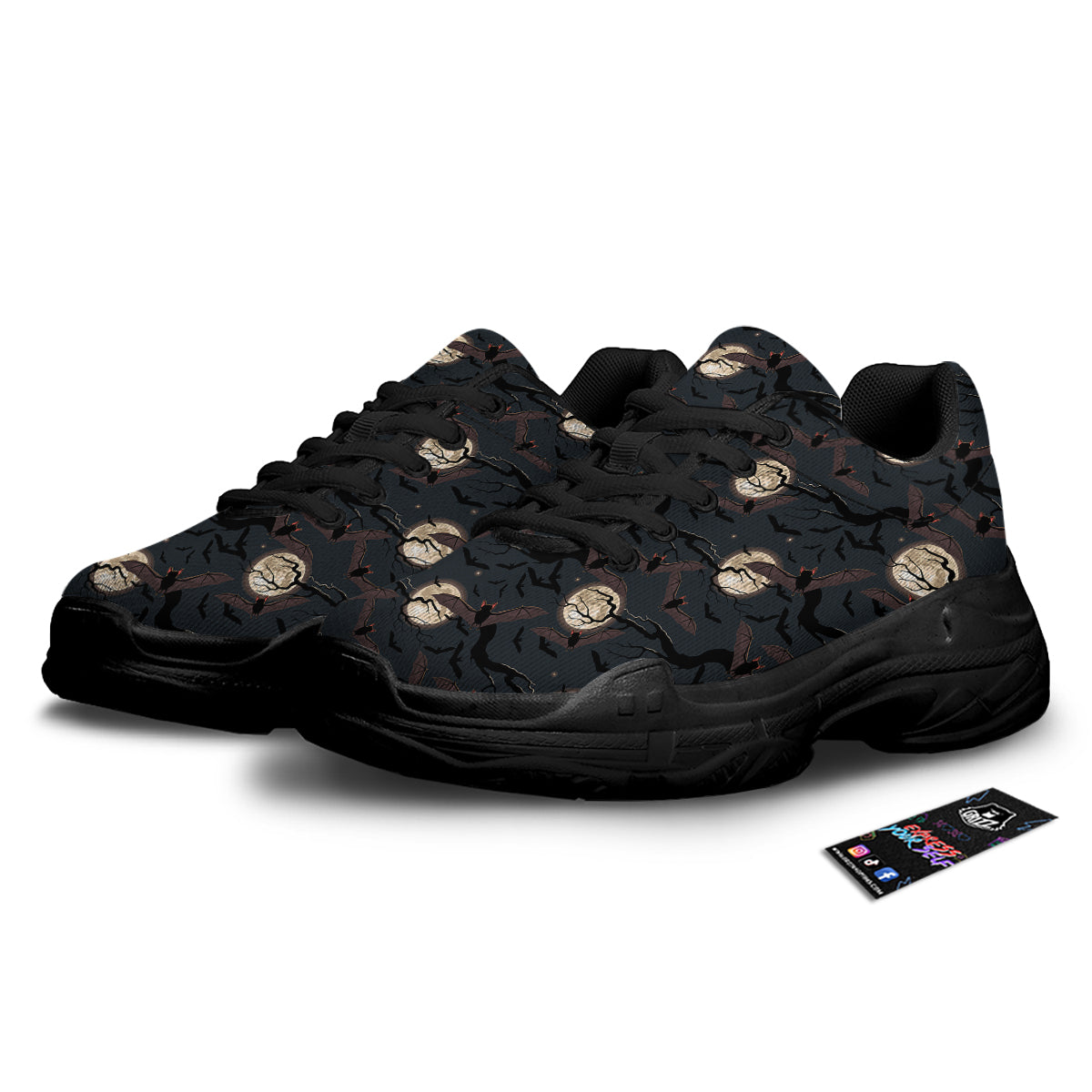 Flying Bat In The Moonlight Print Pattern Black Chunky Shoes-grizzshop