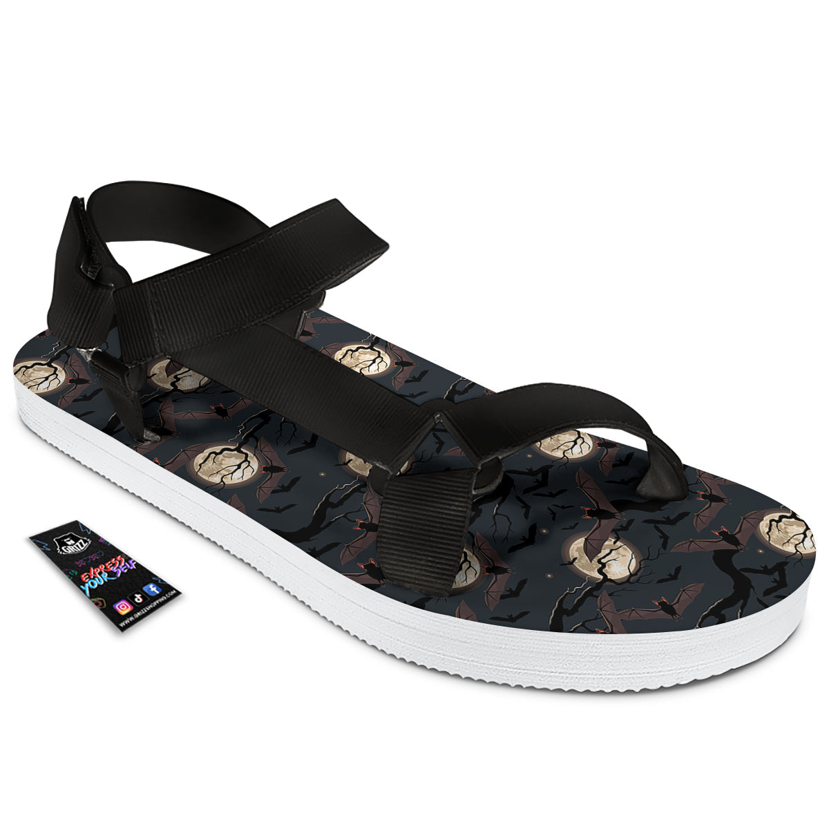 Flying Bat In The Moonlight Print Pattern Black Open Toe Sandals-grizzshop