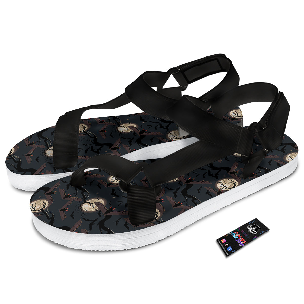 Flying Bat In The Moonlight Print Pattern Black Open Toe Sandals-grizzshop