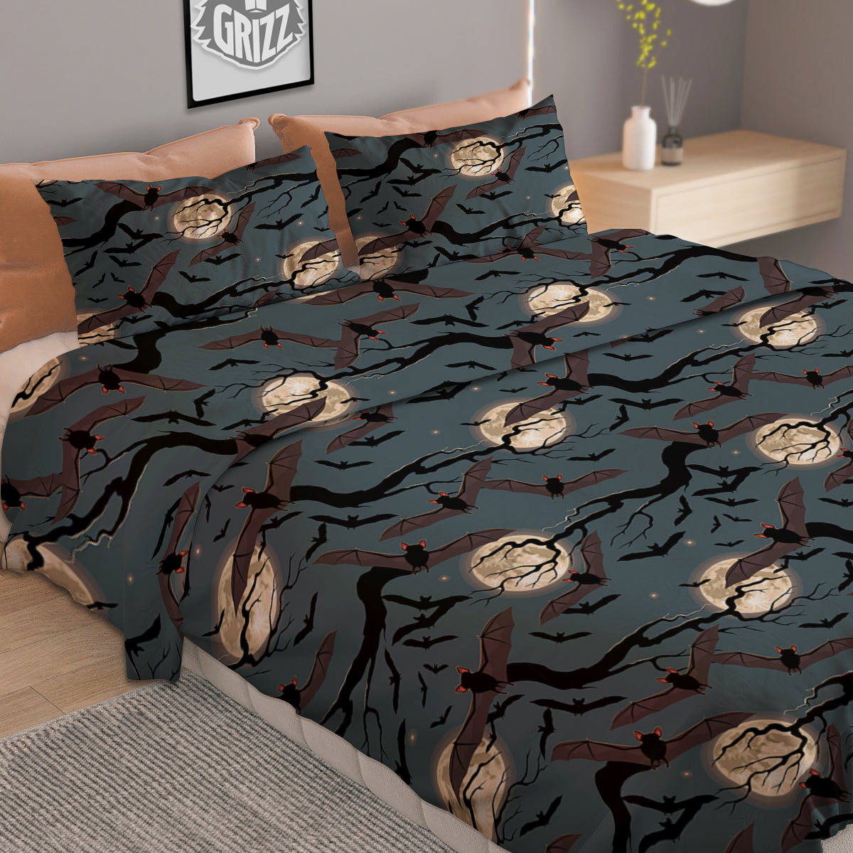 Flying Bat In The Moonlight Print Pattern Duvet Cover Bedding Set
